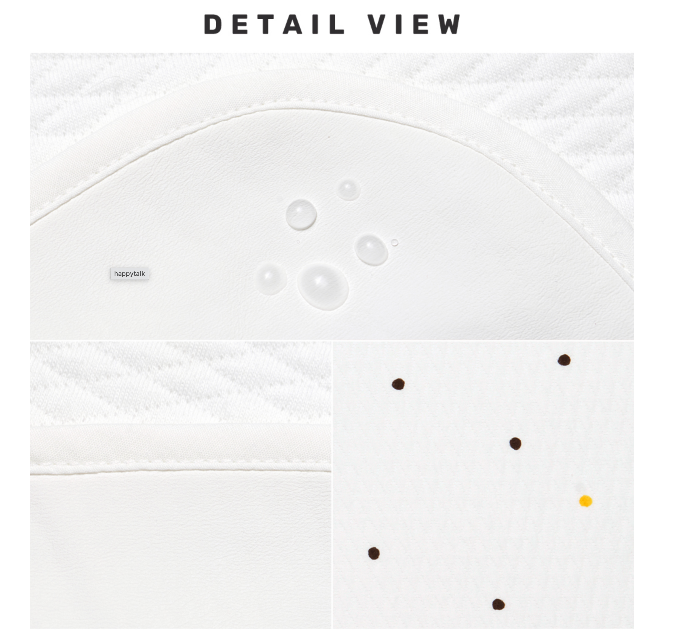 Detailed view of Little Dot waterproof mattress showing cotton and polyester material with water droplets and polka dot design