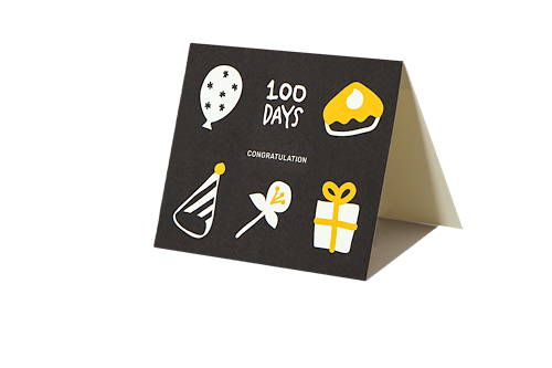 "Gift card with '100 Days' congratulatory design, featuring balloon, cake, party hat, flower, and gift icons, made in Korea"