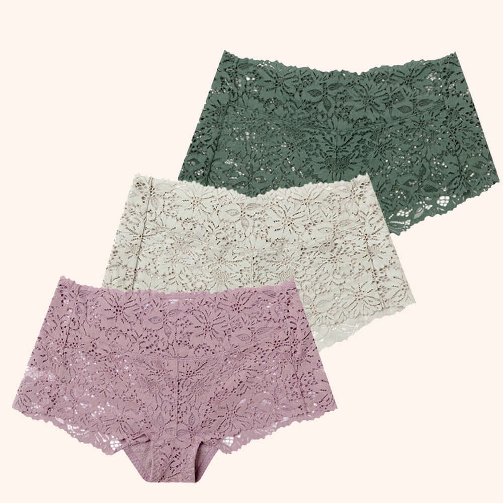 Blossom Pregnant Women Panties with V-WRAP design and flower lace in green, beige, and purple colors for comfortable support and elegance.