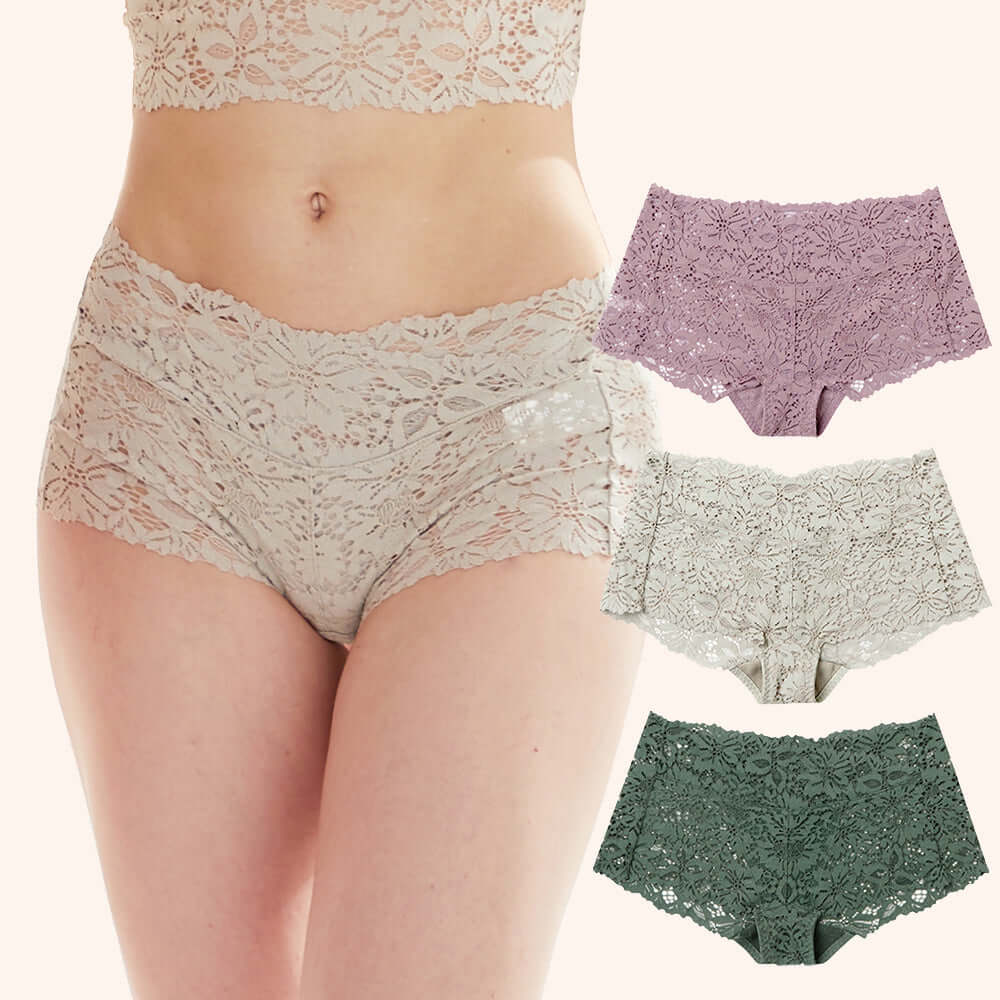 Blossom Pregnant Women Panties with V-WRAP design and flower lace detail in beige, purple, gray, and green colors for comfort and support.