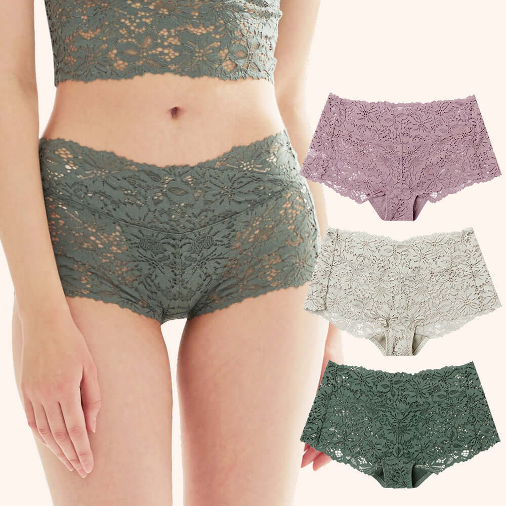 V-WRAP design pregnant women panties with flower lace in green, purple, and grey, showcasing elegant and comfortable maternity wear