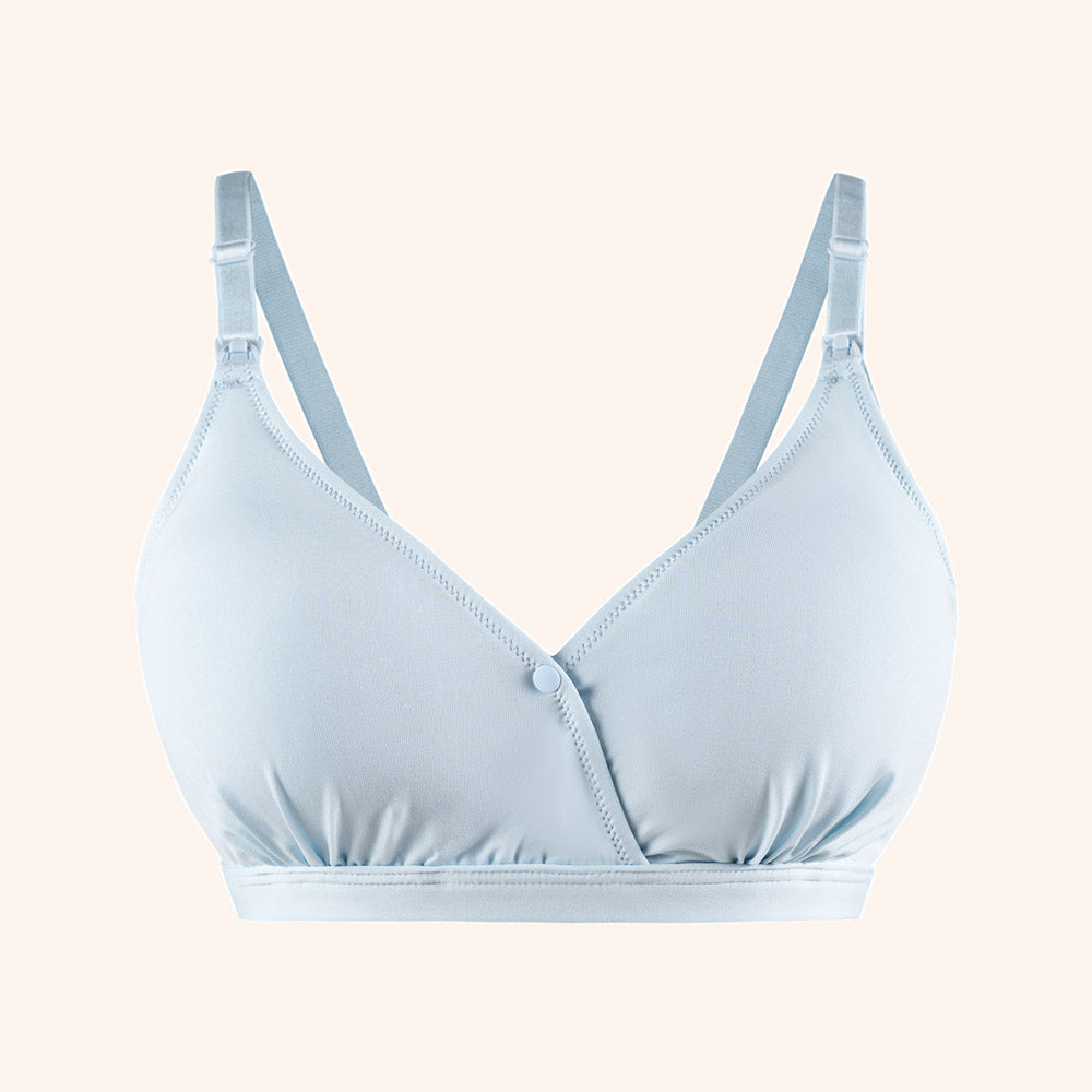 ONE-TOUCH AIR SILK BRA in light blue, featuring lightweight Viscose material, one-touch strap mechanism, and wrap style for year-round comfort.