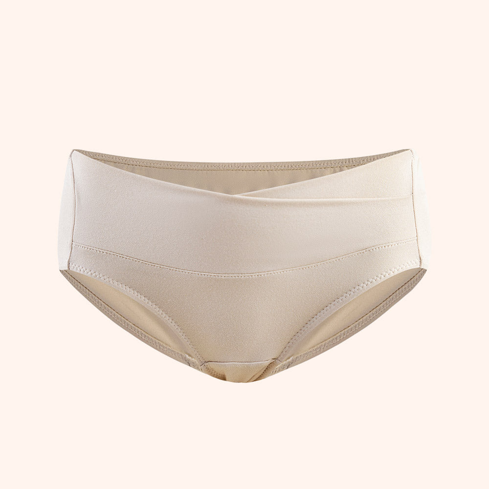 Mothersbaby Ri:bir panty made from eco-friendly materials, designed for soft comfort and perfect fit for pregnant women, in beige.