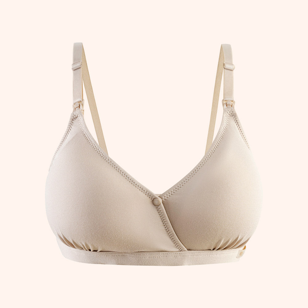 Re:bir Nursing Bra in beige, soft and eco-friendly, designed for comfort and made with Carbon Zero Modal, recycled fibre Coolmax, and Lycra spandex.