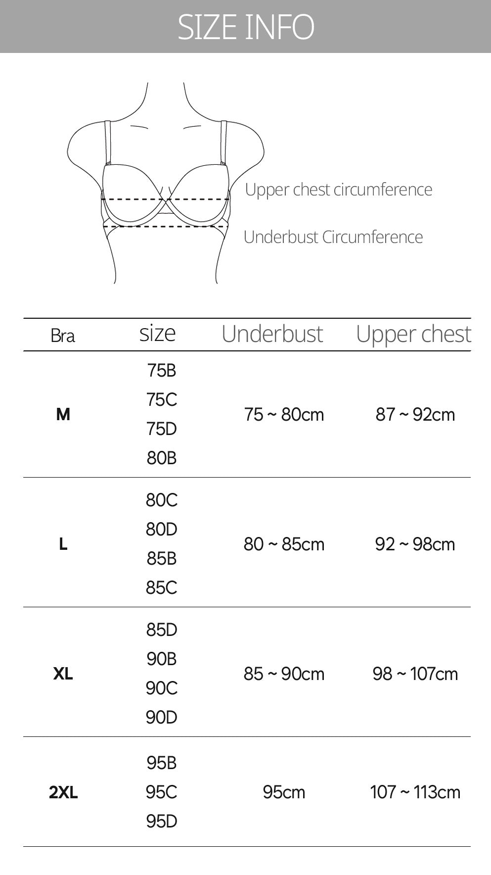 Size chart for bamboo bra showing underbust and upper chest circumference for sizes M, L, XL, and 2XL.